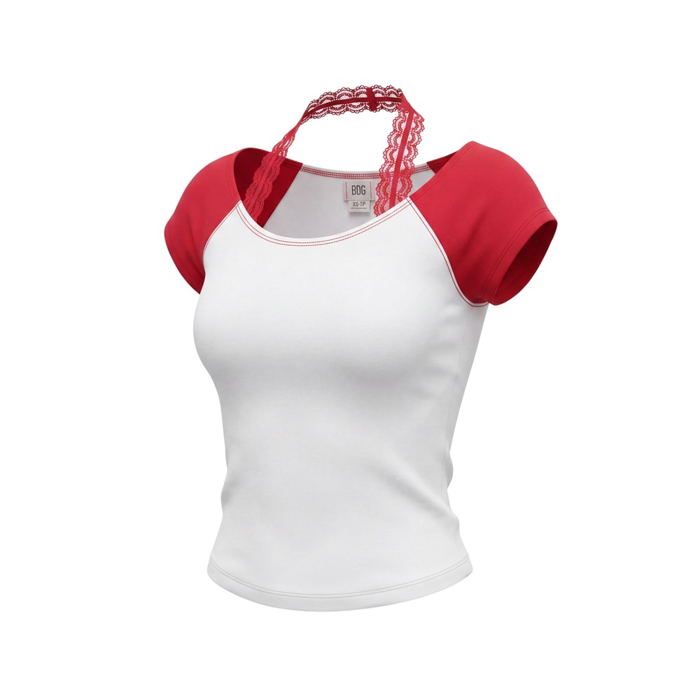 BDG Raglan Halter Top Womens XS White Red Excellent Lace Trim Baby Tee